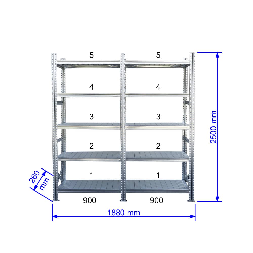 UGP S1 salgó polc sor 2 m hosszra 2500x2x900x250 mm 5 db polcszint