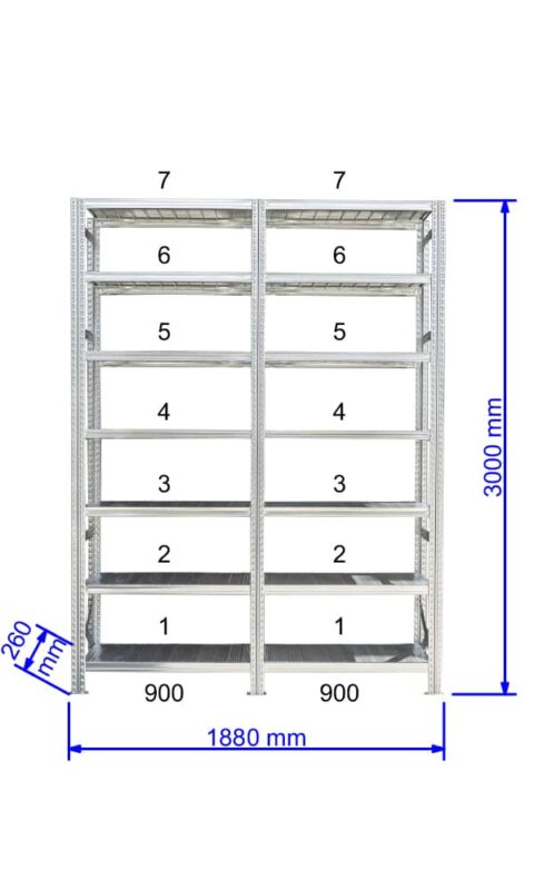 UGP S1 salgó polc sor 2 m hosszra  3000x2x900x250 mm 7 db polcszint
