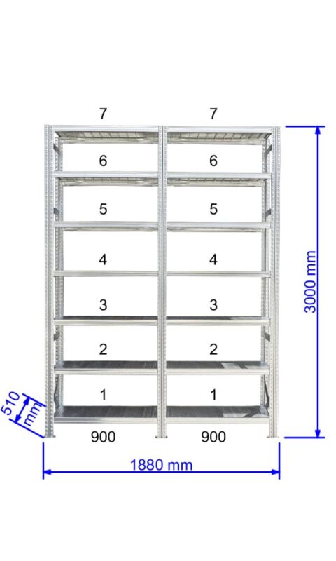 UGP S1 salgó polc sor 2 m hosszra  3000x2x900x500 mm 7 db polcszint