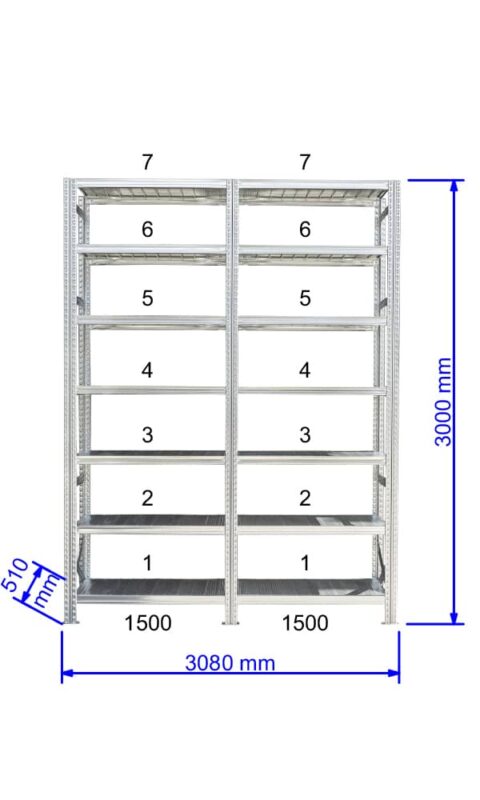 UGP S1 salgó polc sor 3 m hosszra  3000x2x1500x500 mm 7 db polcszint