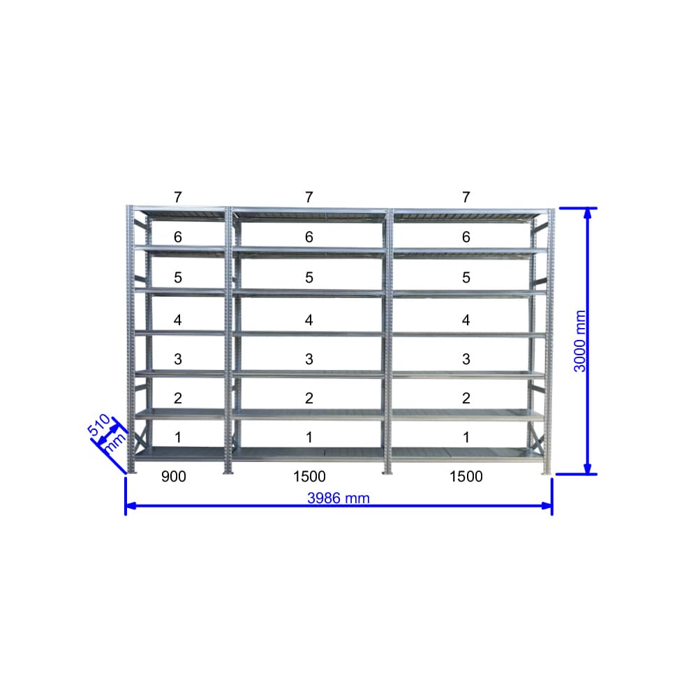 UGP S1 salgó polc sor 4 m hosszra 3000x2x1500+1x900x500 mm 7 db polcszint
